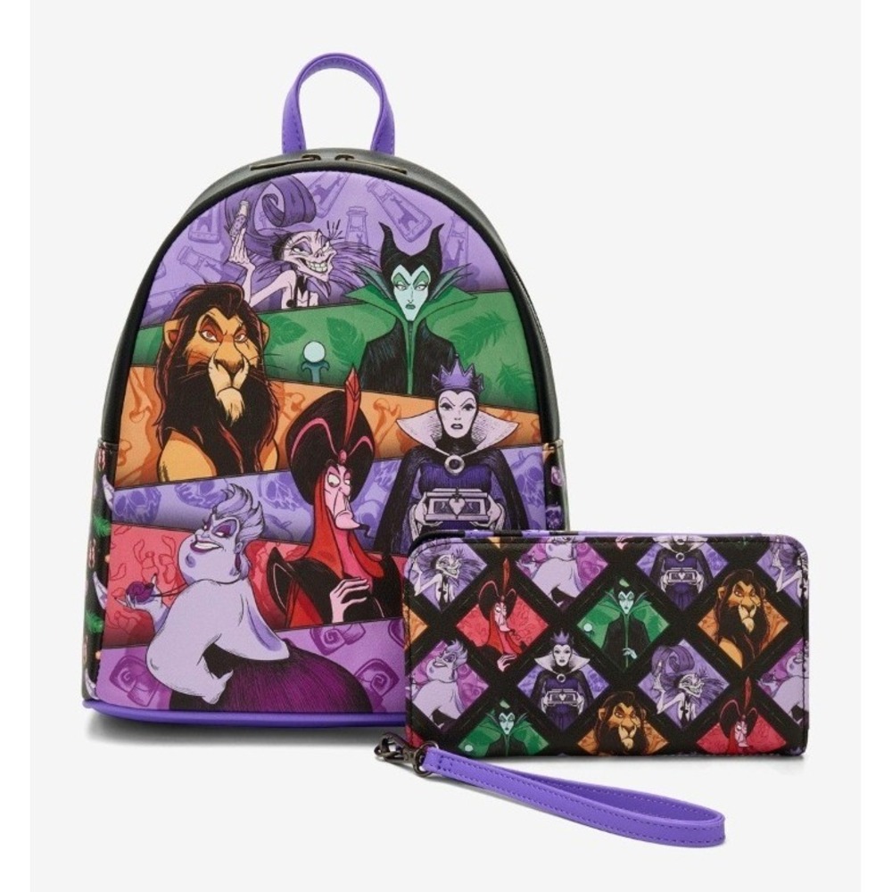 NWT‎ LOUNGEFLY DISNEY VILLAINS GROUP MINI BACKPACK & Tech WALLET  Wristlet SET